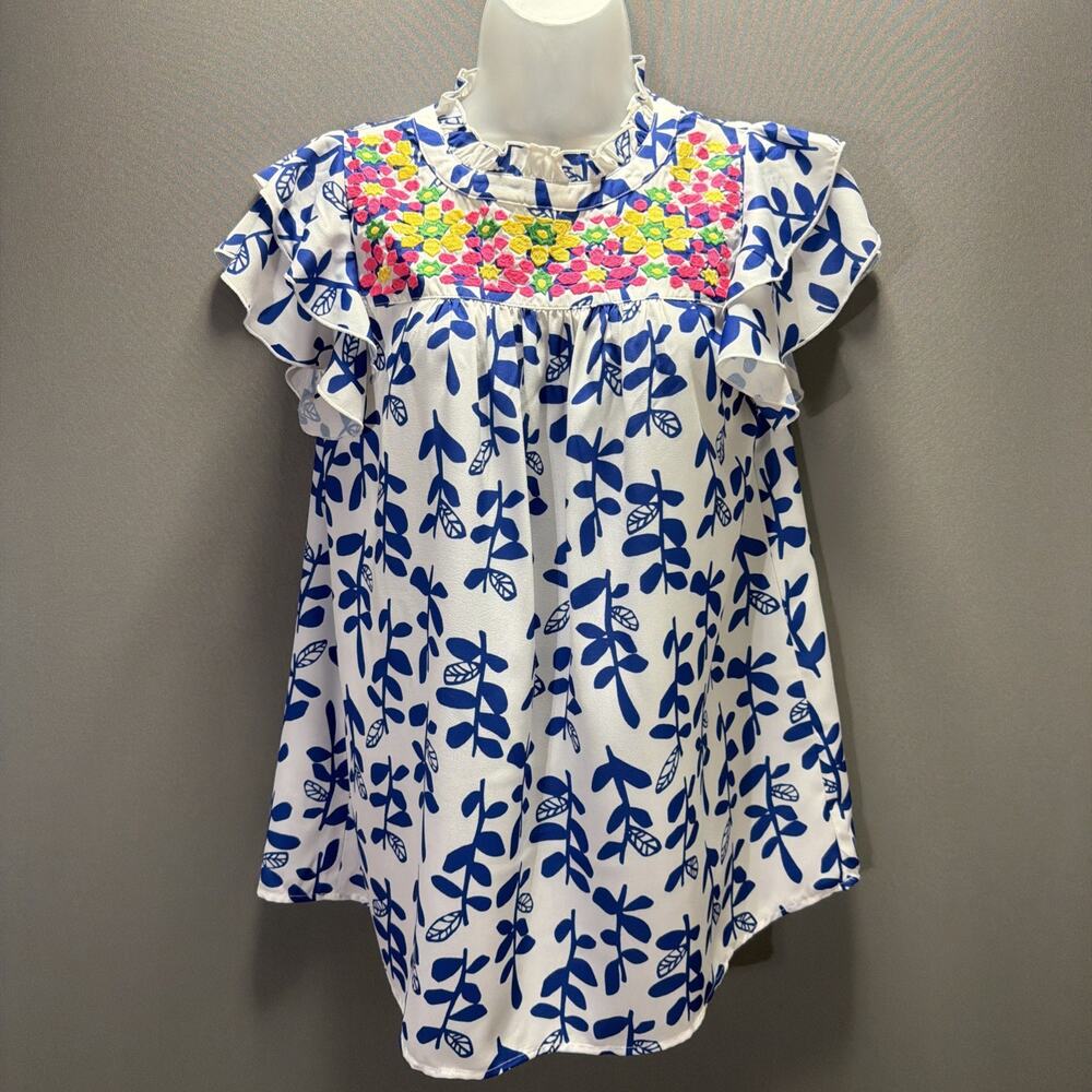 JodiFL Floral Embroidered Ruffle Sleeve Blouse Top Sz Medium